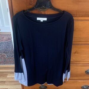LOFT Dark Blue Top with Striped Sleeves